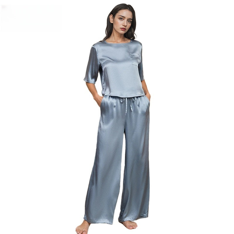 Pure Silk Women's 100% Mulberry Silk Short Sleeve Pants Suit Simple Nightdress