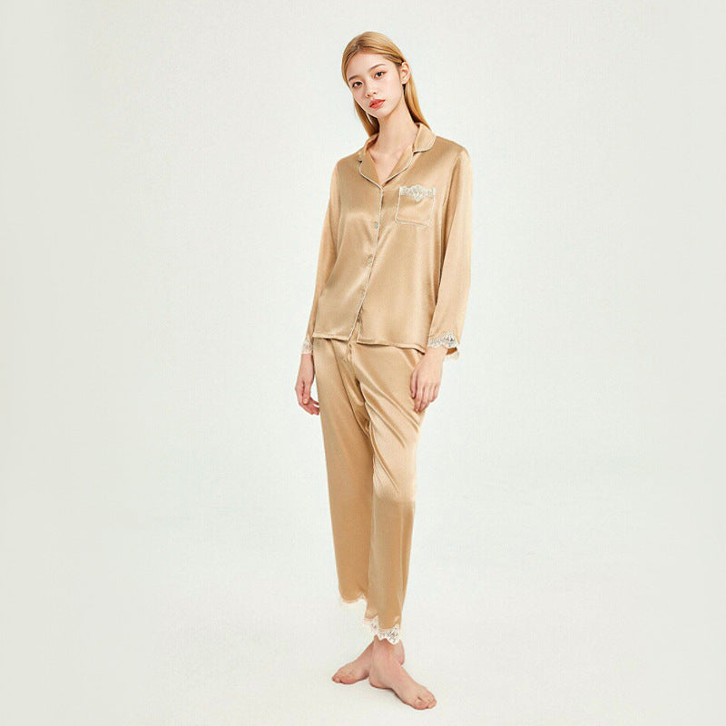 Pure Silk Women's 100% Mulberry Silk Lace Patchwork Intellectual Pajama Set