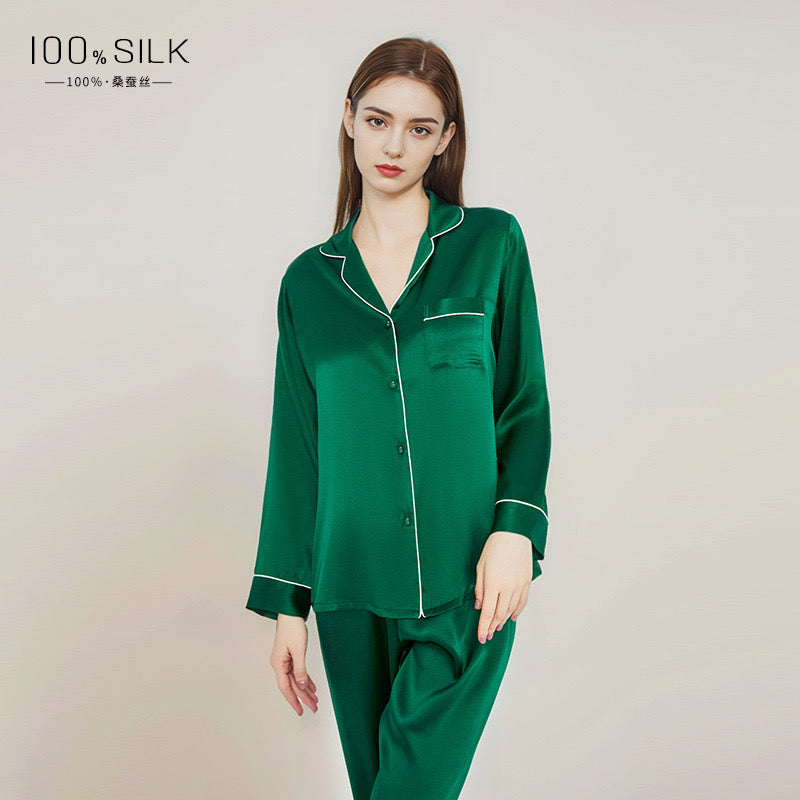 Silk Women's Pajama Set Long Sleeve Pajama Buckle Pajama 100% Top Chinese Mulberry Silk Pajama Set