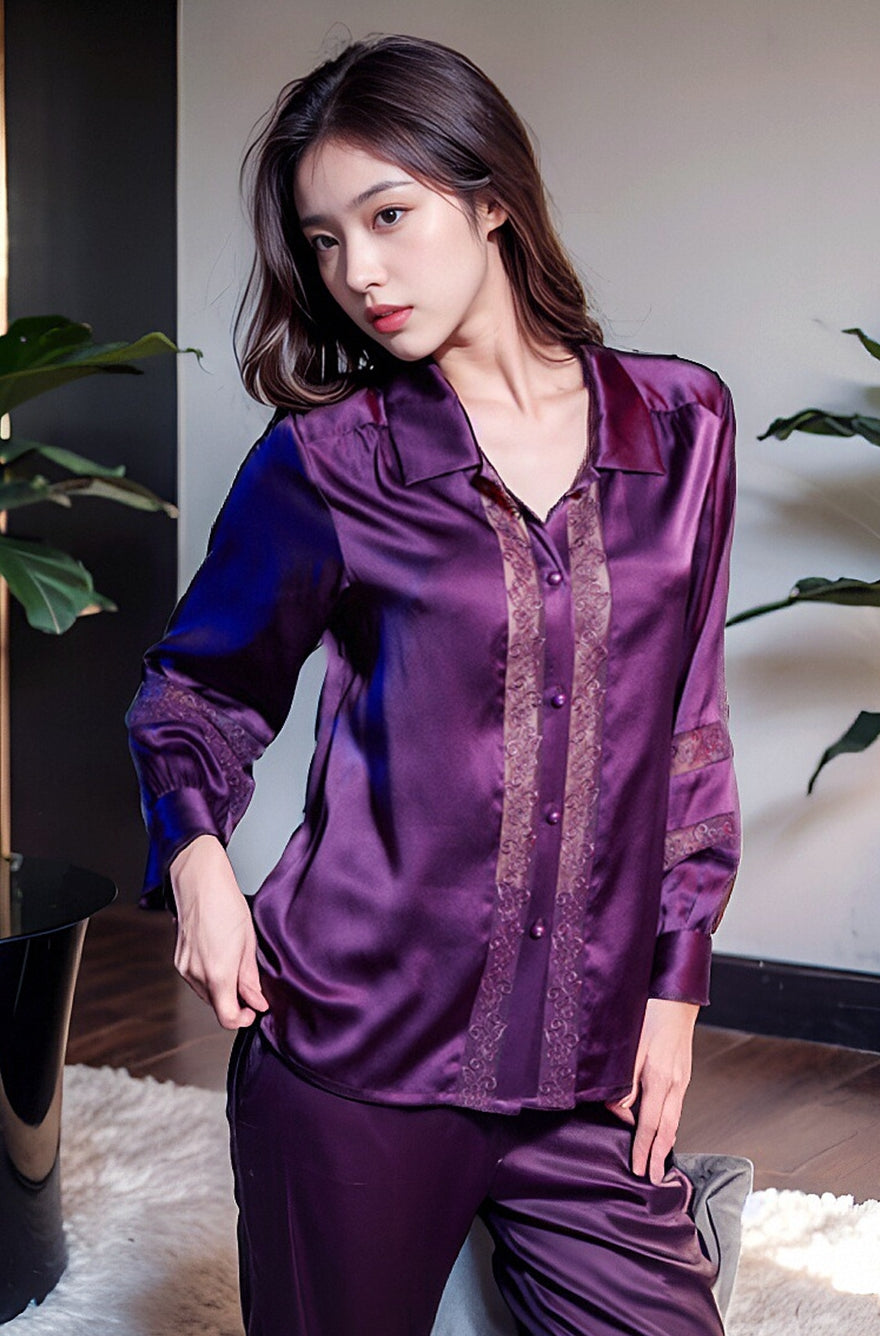 Pure Silk Women's 100% Mulberry Silk Hollow Mature Sexy Long Sleeve Pajamas Nightgown