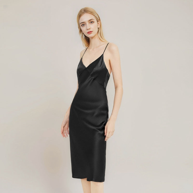 Pure Silk Women's Sexy Slit 100% Mulberry Silk Slim-fit Slip Dress Nightgown
