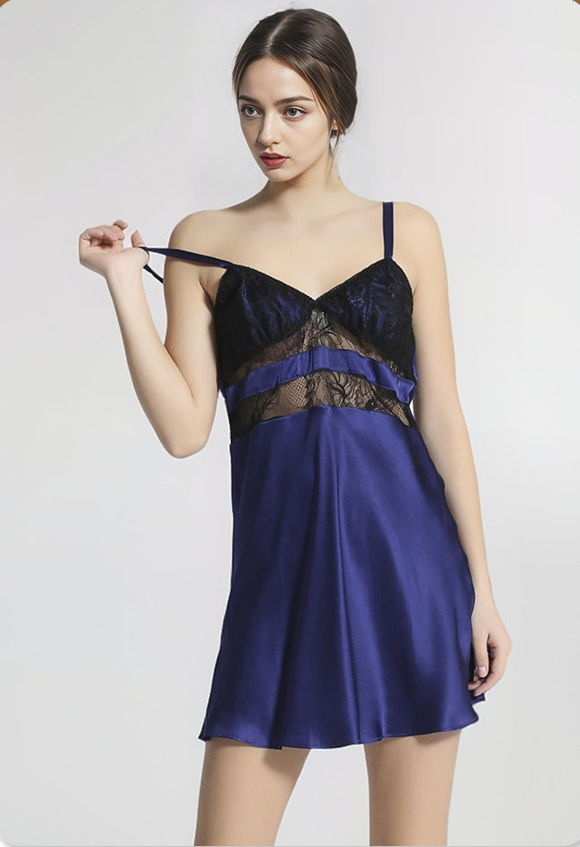 Pure Silk Women's 100% Mulberry Silk Sexy Lace Patchwork Slip Nightdress