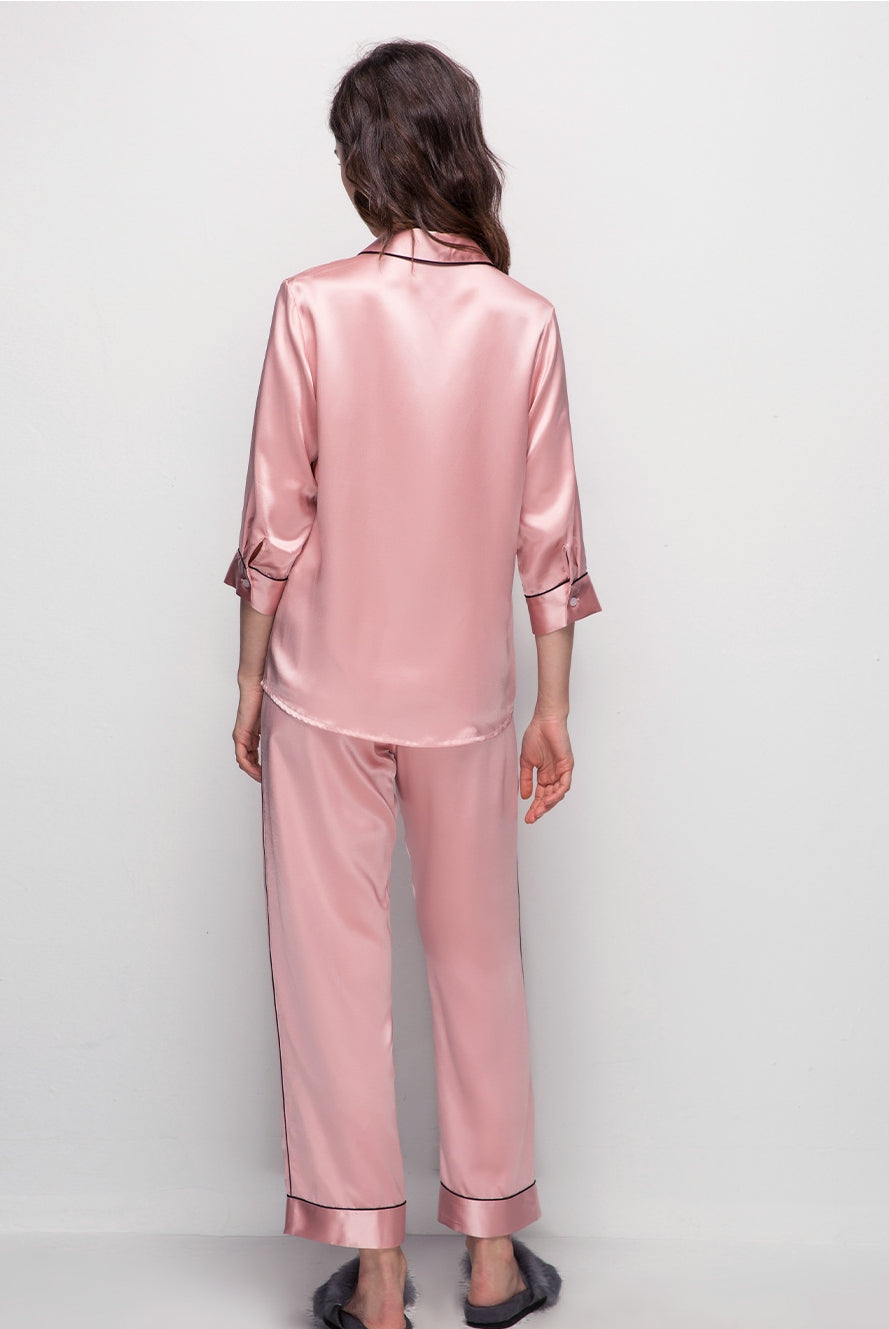 Pure Silk Women's 100% Mulberry Silk Embroidered Mid-sleeve Pajamas Nightgown