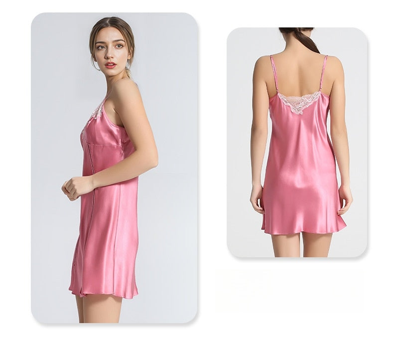Pure Silk Women's 100% Mulberry Silk Sexy Spliced Split Halter Skirt Nightdress