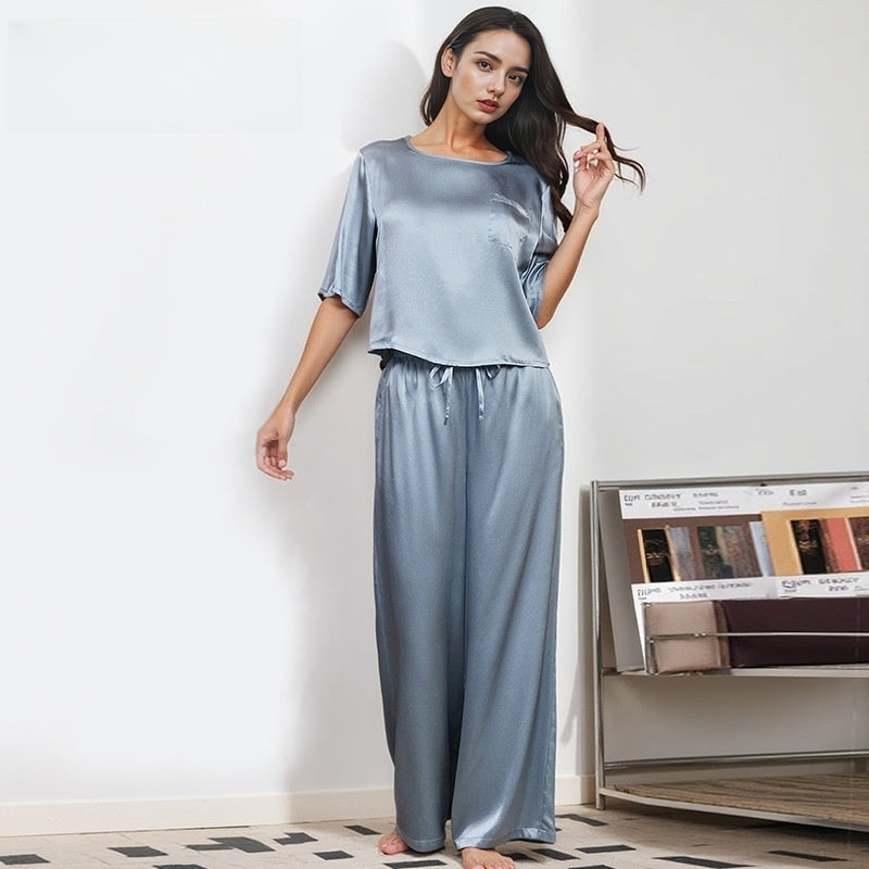 Pure Silk Women's 100% Mulberry Silk Short Sleeve Pants Suit Simple Nightdress