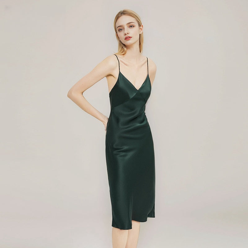 Pure Silk Women's Sexy Slit 100% Mulberry Silk Slim-fit Slip Dress Nightgown
