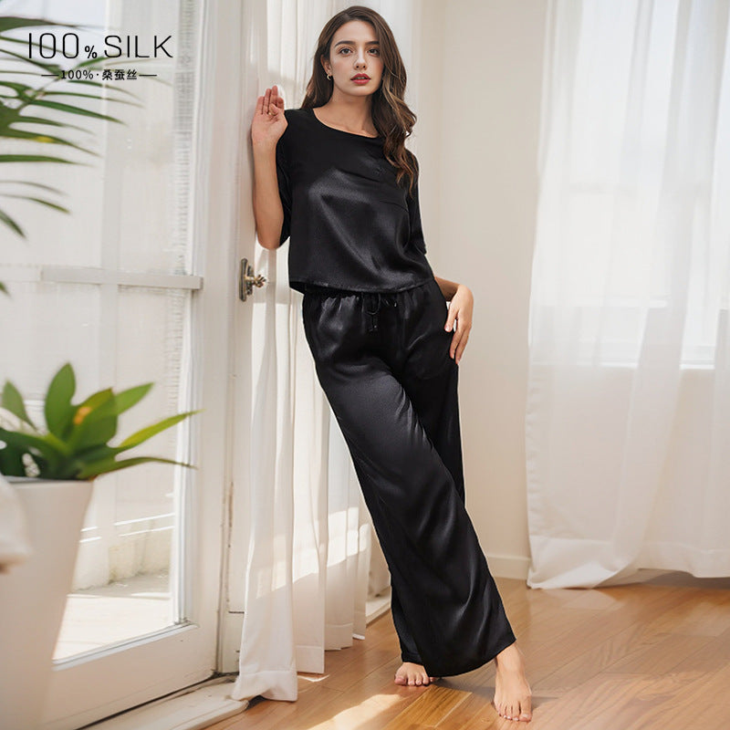 Pure Silk Women's 100% Mulberry Silk Short Sleeve Pants Suit Simple Nightdress