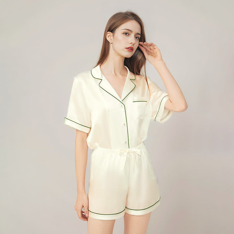 Summer new silk short-sleeved shorts two-piece women's 100% mulberry silk pajamas home wear set