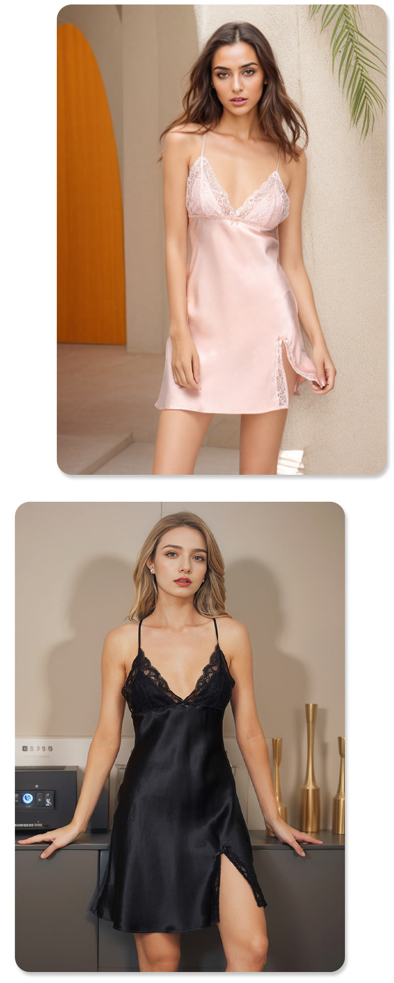 Pure Silk Women's 100% Mulberry Silk Sexy Lace Splicing Split Short Skirt Nightdress