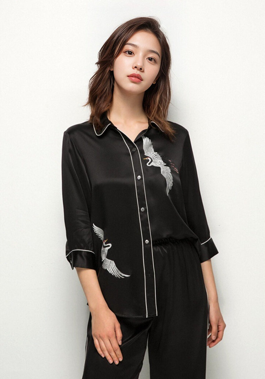 Pure Silk Women's 100% Mulberry Silk Embroidered Mid-sleeve Pajamas Nightgown