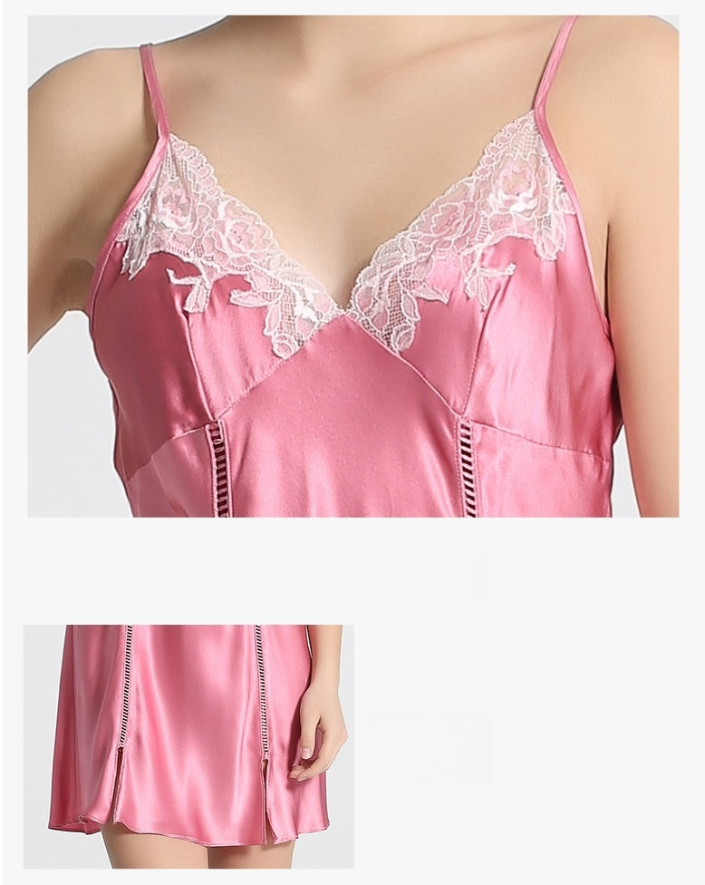 Pure Silk Women's 100% Mulberry Silk Sexy Spliced Split Halter Skirt Nightdress