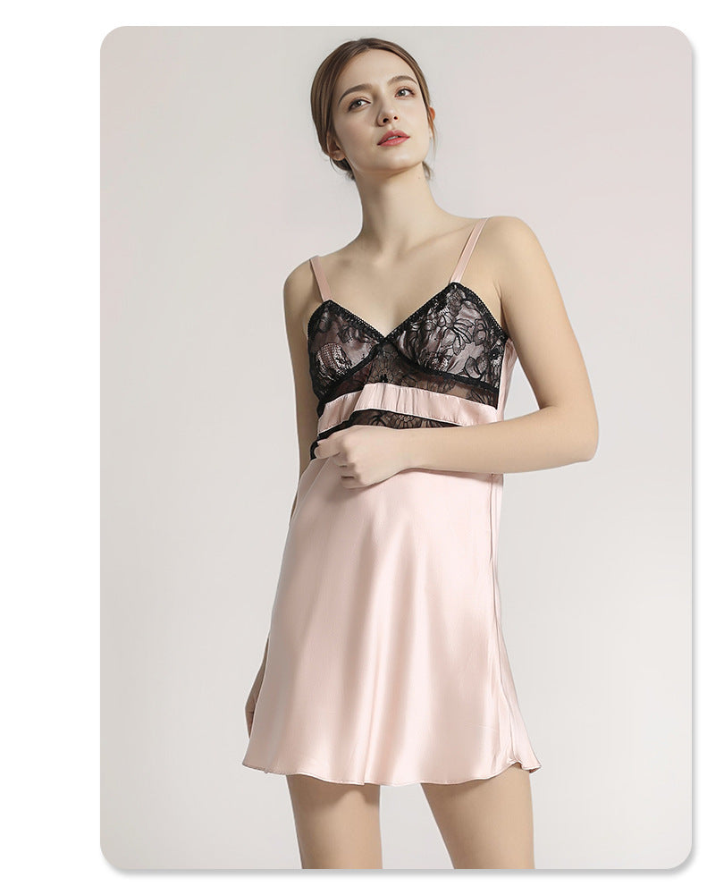 Pure Silk Women's 100% Mulberry Silk Sexy Lace Patchwork Slip Nightdress