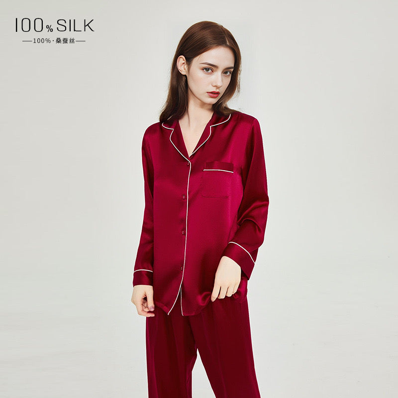 Silk Women's Pajama Set Long Sleeve Pajama Buckle Pajama 100% Top Chinese Mulberry Silk Pajama Set