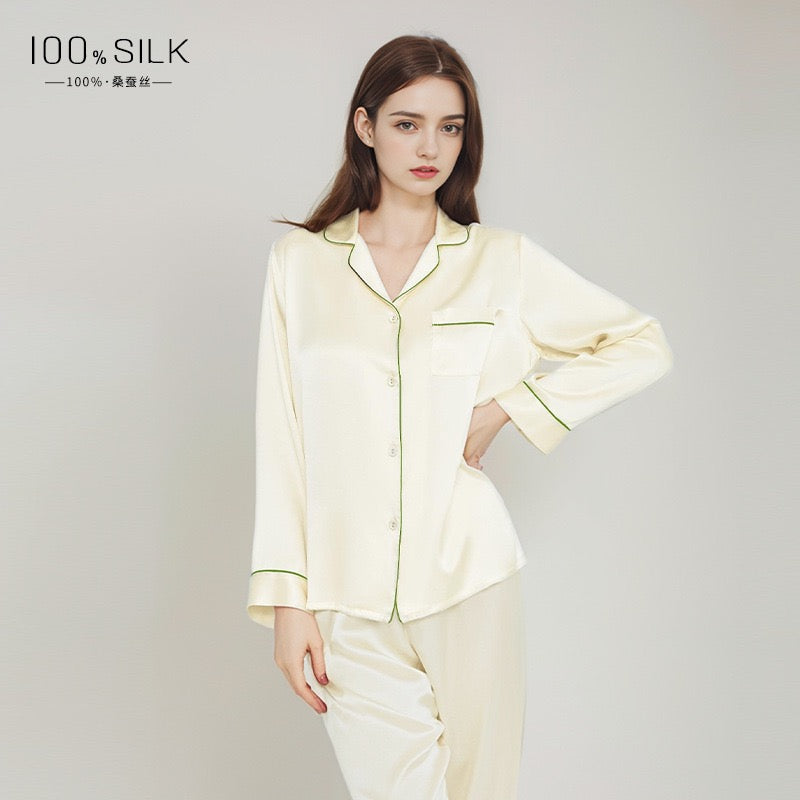Silk Women's Pajama Set Long Sleeve Pajama Buckle Pajama 100% Top Chinese Mulberry Silk Pajama Set
