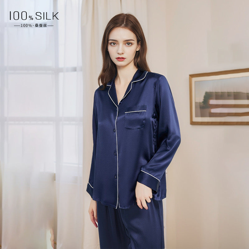 Silk Women's Pajama Set Long Sleeve Pajama Buckle Pajama 100% Top Chinese Mulberry Silk Pajama Set