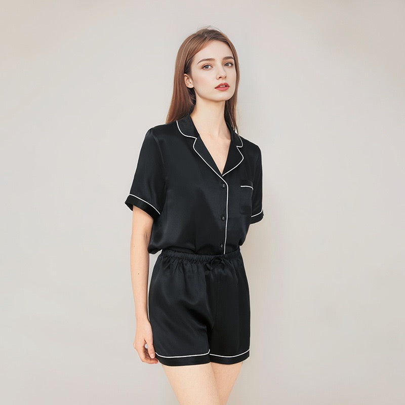 Summer new silk short-sleeved shorts two-piece women's 100% mulberry silk pajamas home wear set