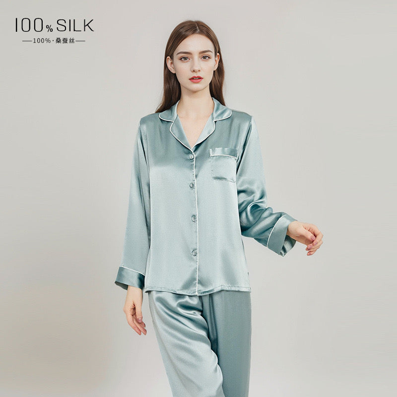 Silk Women's Pajama Set Long Sleeve Pajama Buckle Pajama 100% Top Chinese Mulberry Silk Pajama Set
