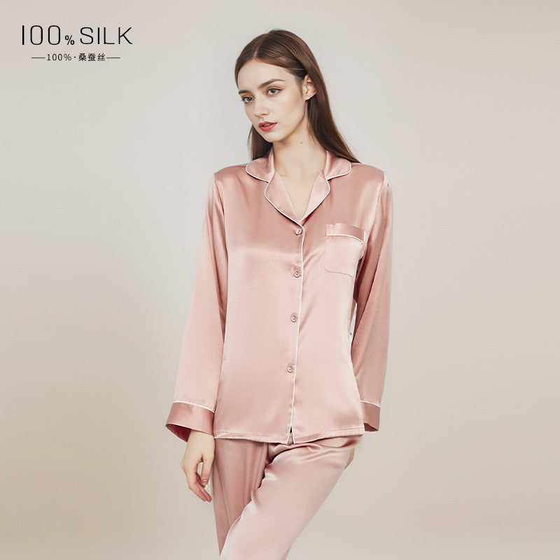 Silk Women's Pajama Set Long Sleeve Pajama Buckle Pajama 100% Top Chinese Mulberry Silk Pajama Set
