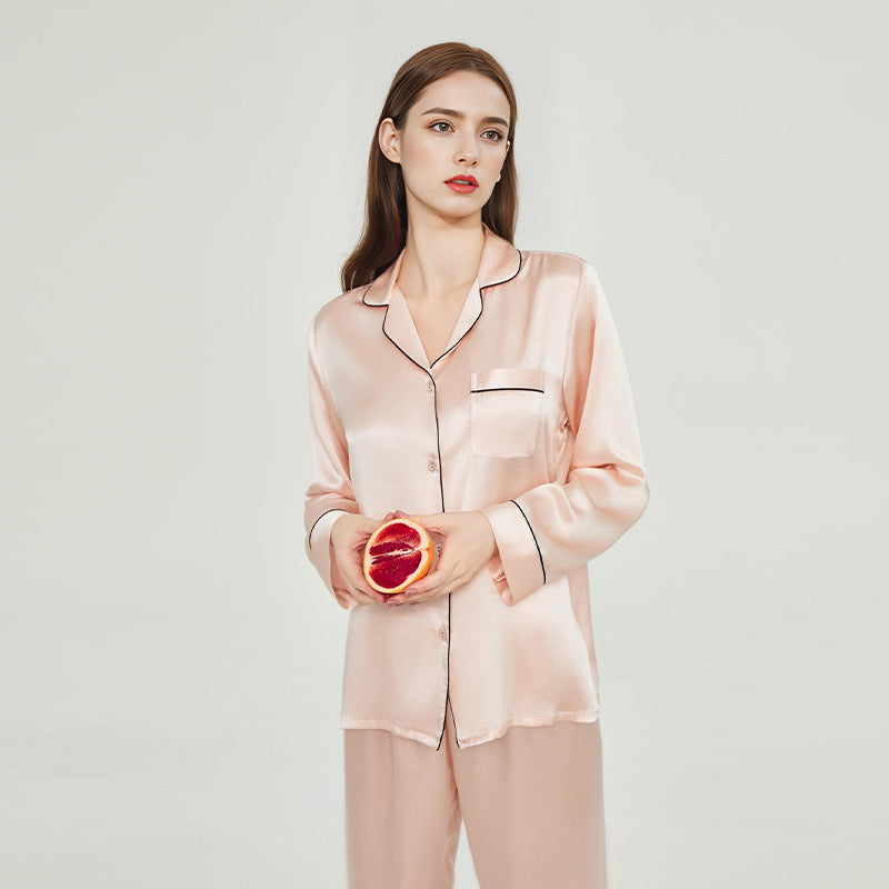 Silk Women's Pajama Set Long Sleeve Pajama Buckle Pajama 100% Top Chinese Mulberry Silk Pajama Set