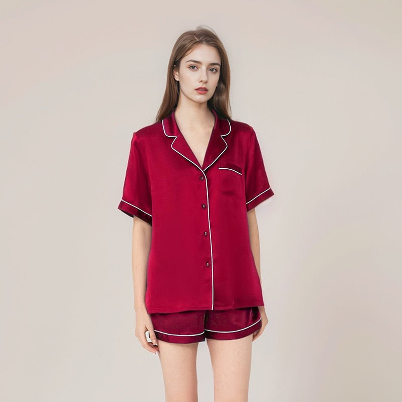 Summer new silk short-sleeved shorts two-piece women's 100% mulberry silk pajamas home wear set