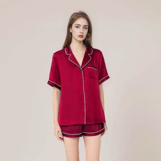 Summer new silk short-sleeved shorts two-piece women's 100% mulberry silk pajamas home wear set