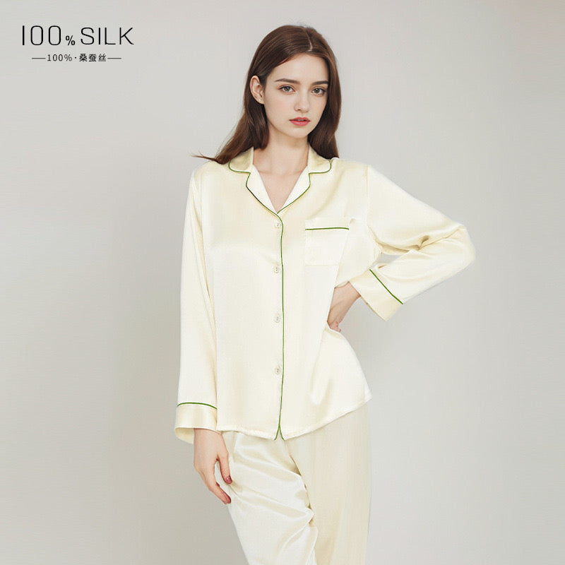 Silk Women's Pajama Set Long Sleeve Pajama Buckle Pajama 100% Top Chinese Mulberry Silk Pajama Set